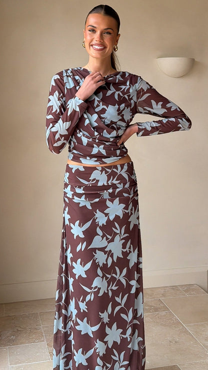 Adira Long Sleeve Top - Chocolate/Blue Print