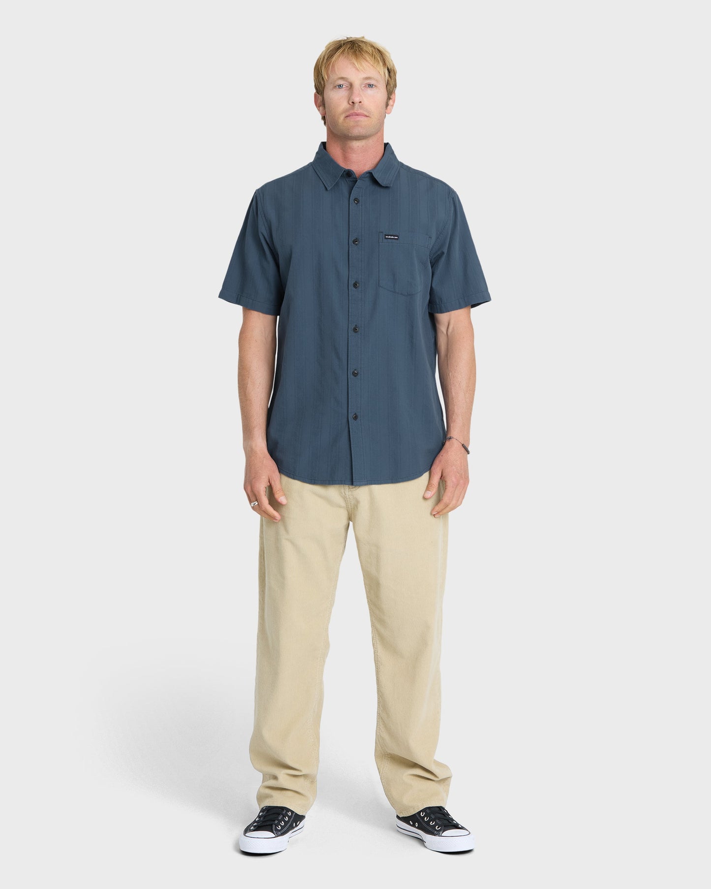 Dobby Stripe Classic Short Sleeve Woven Shirt - Dark Denim