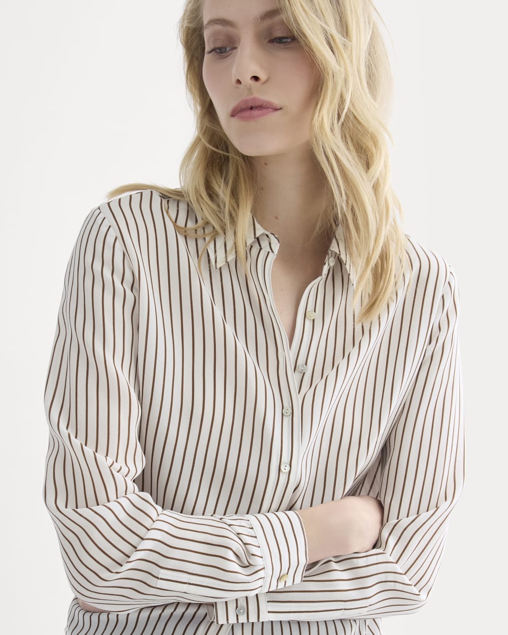 Shrunken Top in Washable Silk | Bone / Toffee Stripe