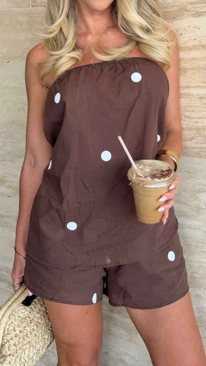 Calliope Strapless Top and Shorts Set - Brown/White Polka