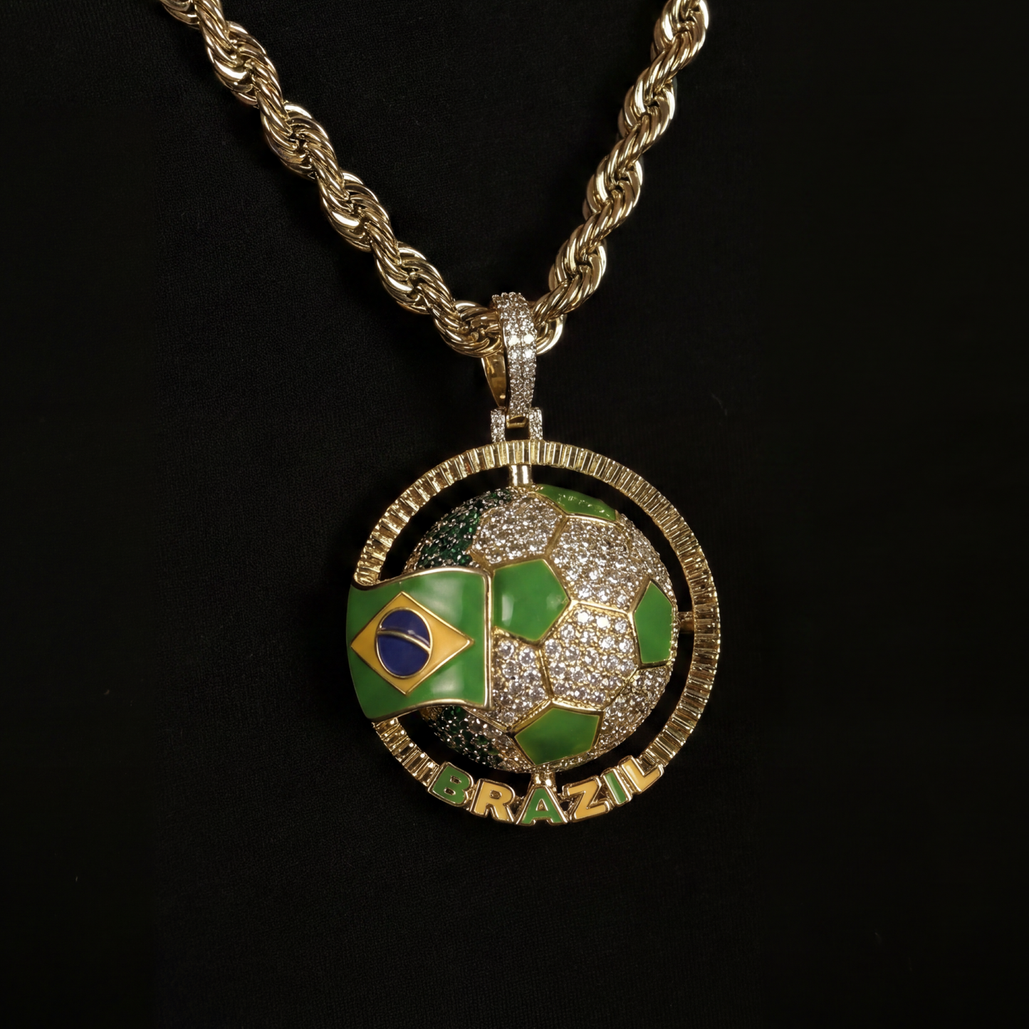 Diamond Brazil Spinning Globe Flag Pendant in Yellow Gold