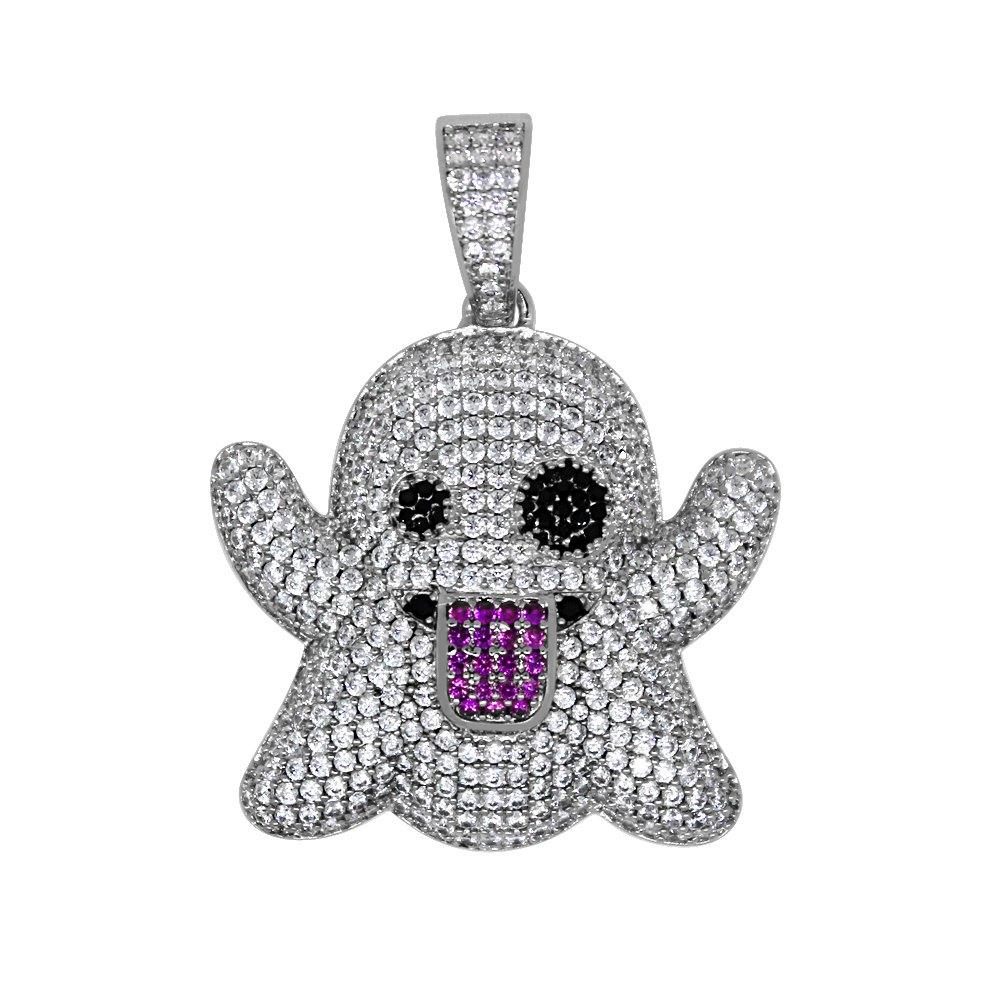 Emoji Ghost Silver CZ Bling Bling Pendant