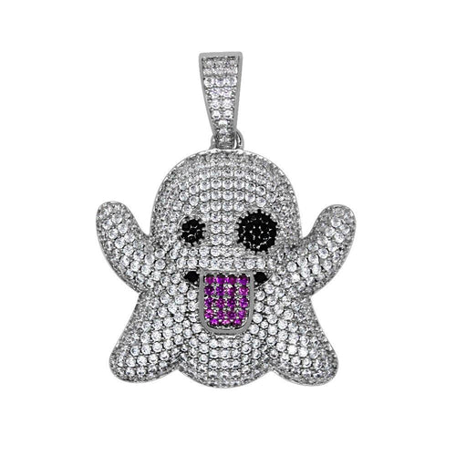 Emoji Ghost Silver CZ Bling Bling Pendant