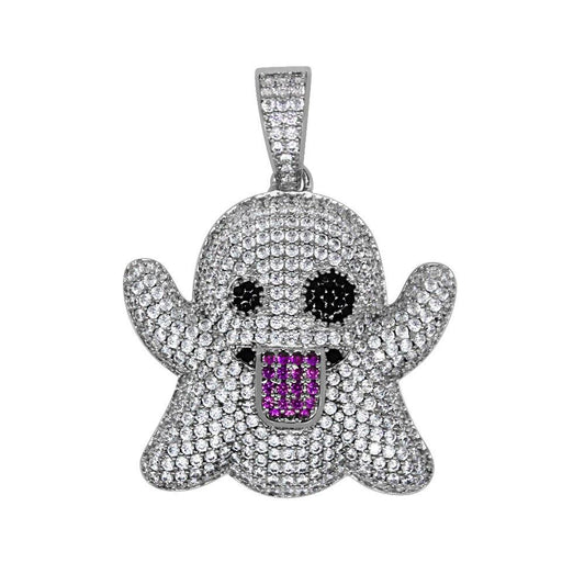 Emoji Ghost Silver CZ Bling Bling Pendant