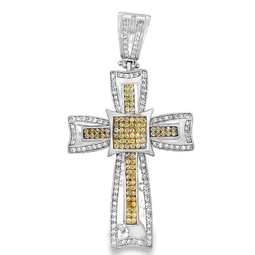 Fancy Cross Canary & White CZ Iced Out Pendant