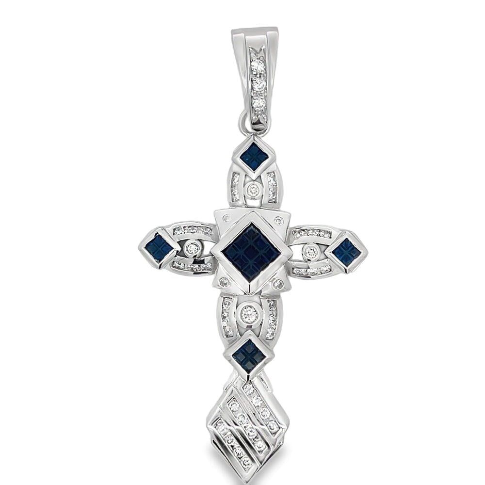 Fancy Princess Cross Blue CZ Pendant .925 Sterling Silver