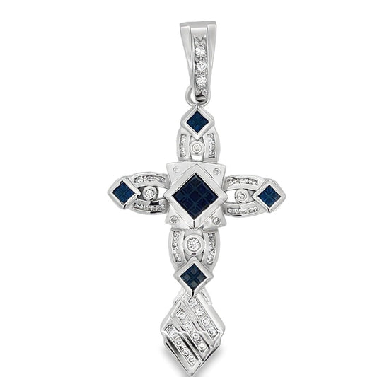 Fancy Princess Cross Blue CZ Pendant .925 Sterling Silver
