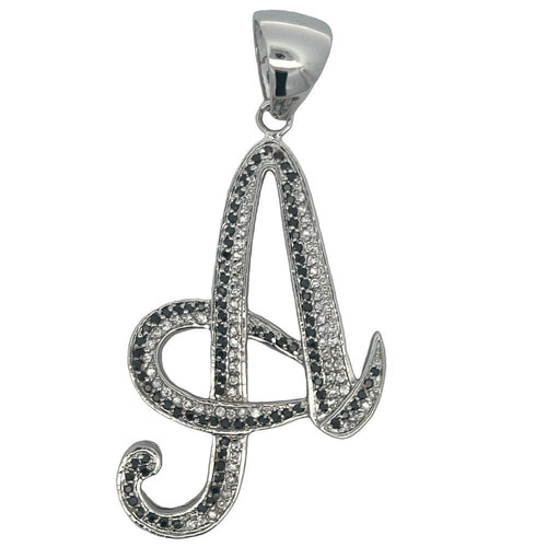 Flat Cursive Initial Letter Black & White CZ Iced Out Pendant