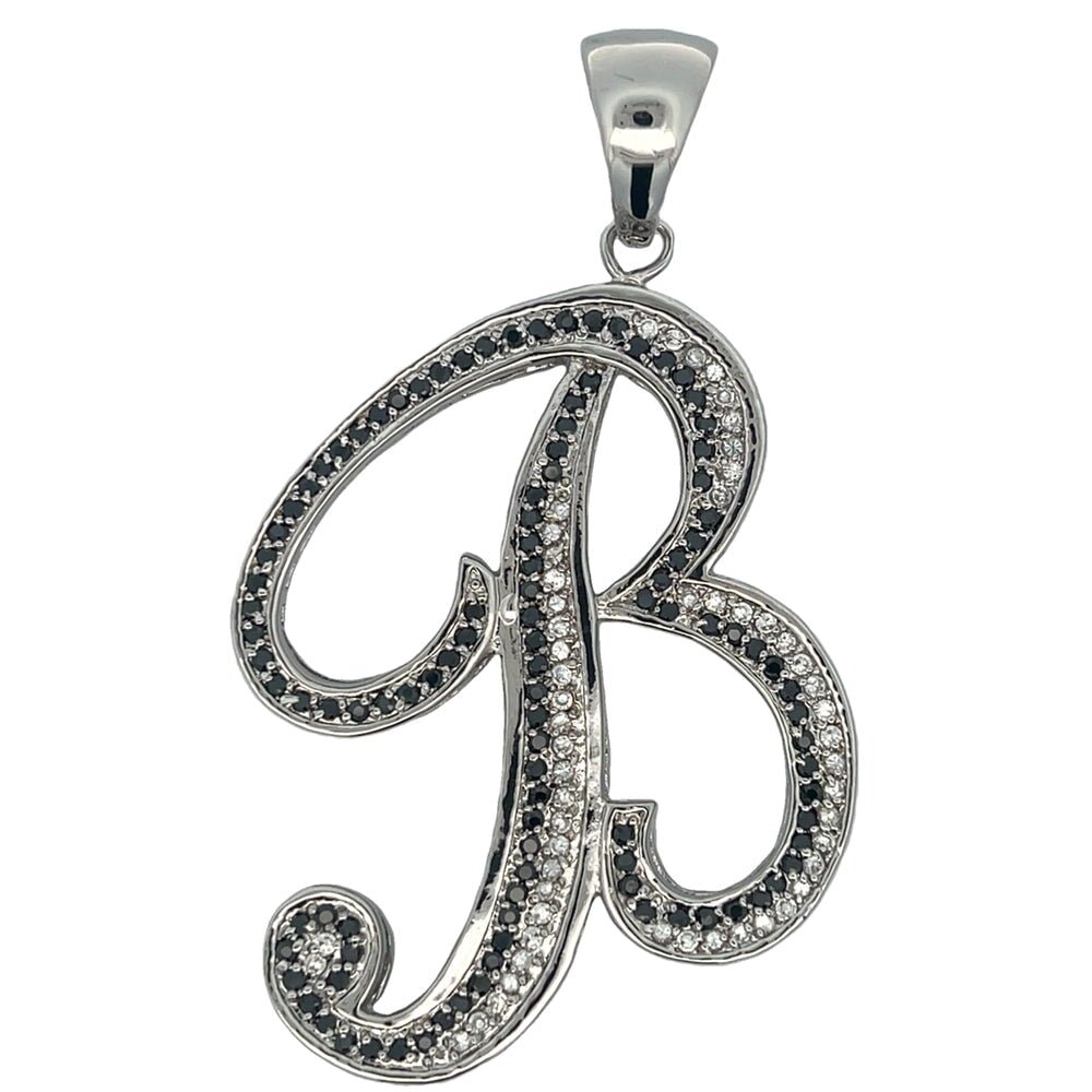 Flat Cursive Initial Letter Black & White CZ Iced Out Pendant