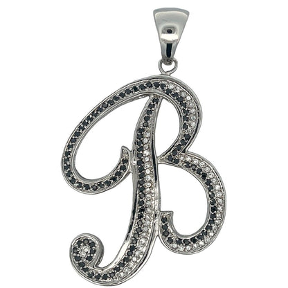 Flat Cursive Initial Letter Black & White CZ Iced Out Pendant