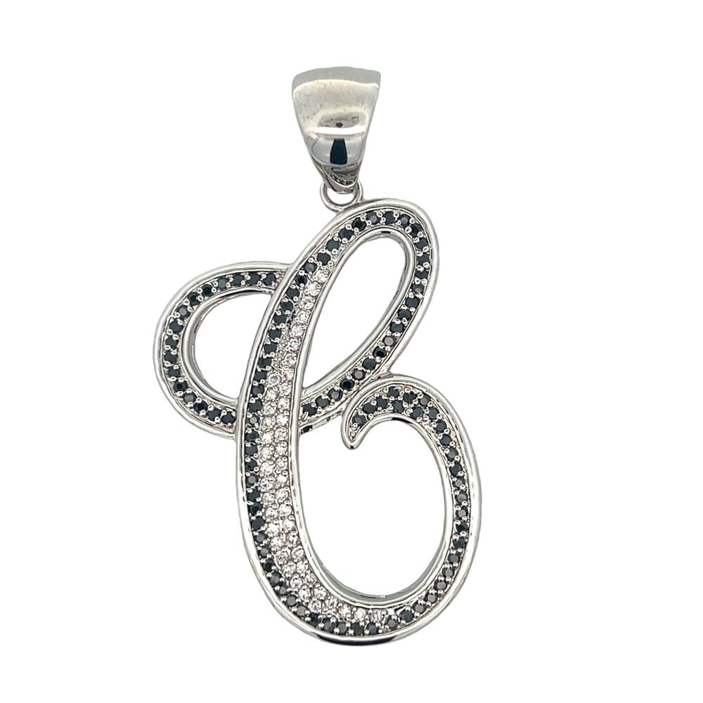 Flat Cursive Initial Letter Black & White CZ Iced Out Pendant