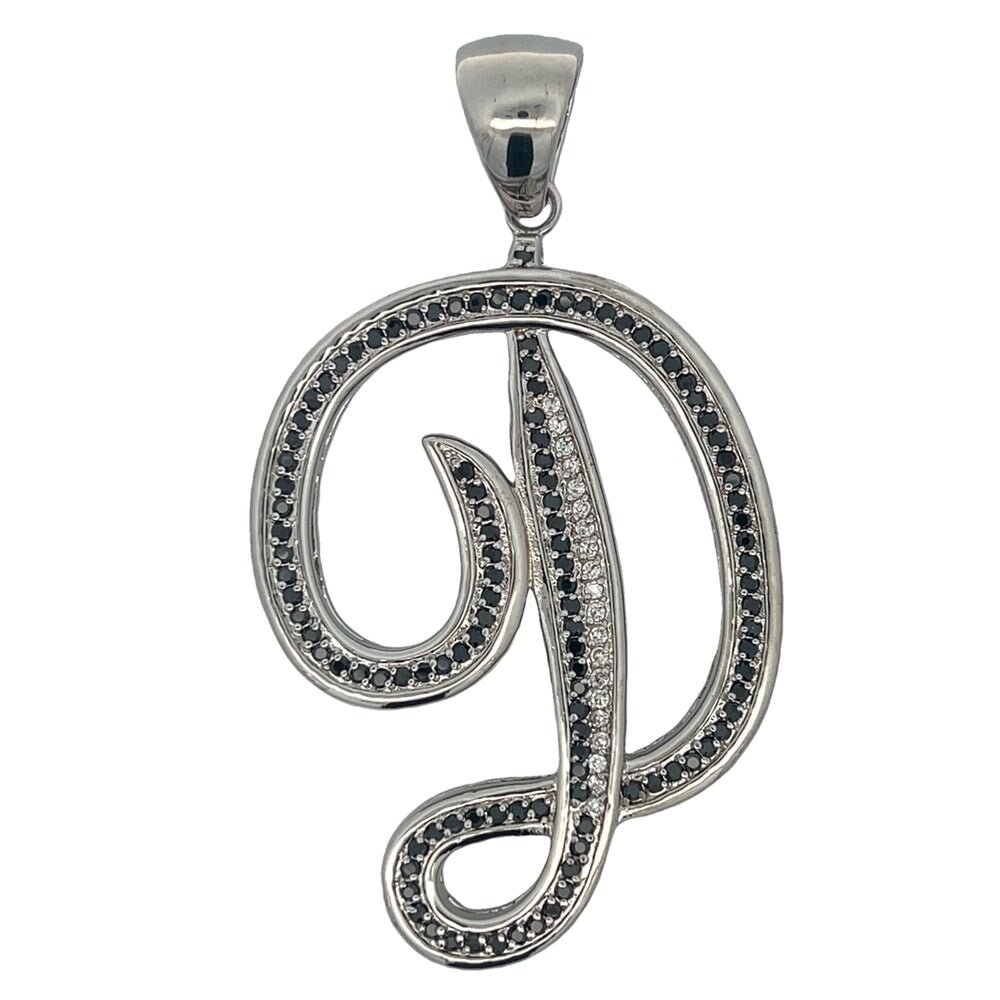 Flat Cursive Initial Letter Black & White CZ Iced Out Pendant