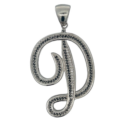 Flat Cursive Initial Letter Black & White CZ Iced Out Pendant