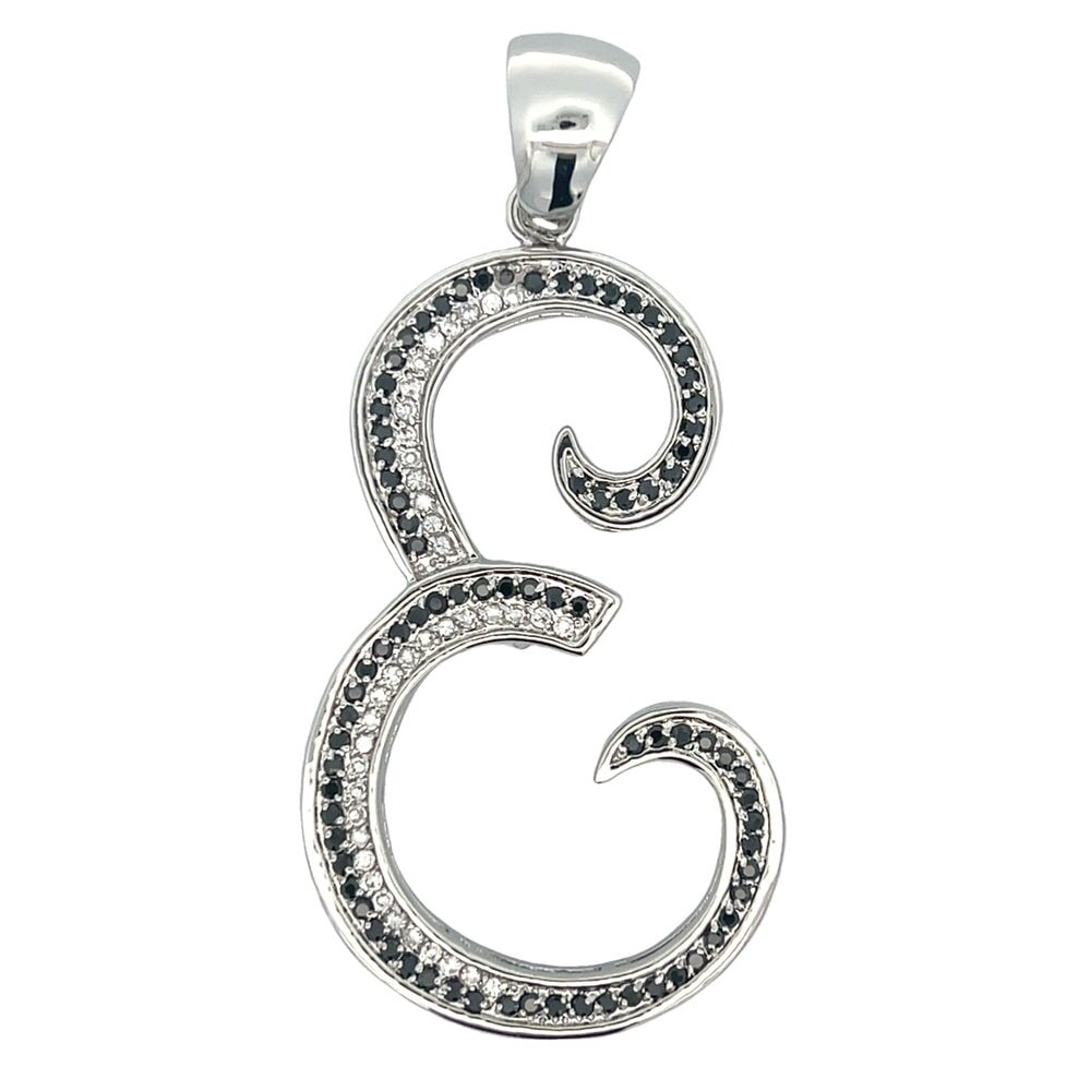 Flat Cursive Initial Letter Black & White CZ Iced Out Pendant