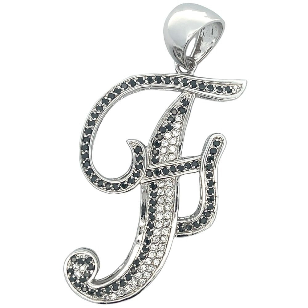 Flat Cursive Initial Letter Black & White CZ Iced Out Pendant
