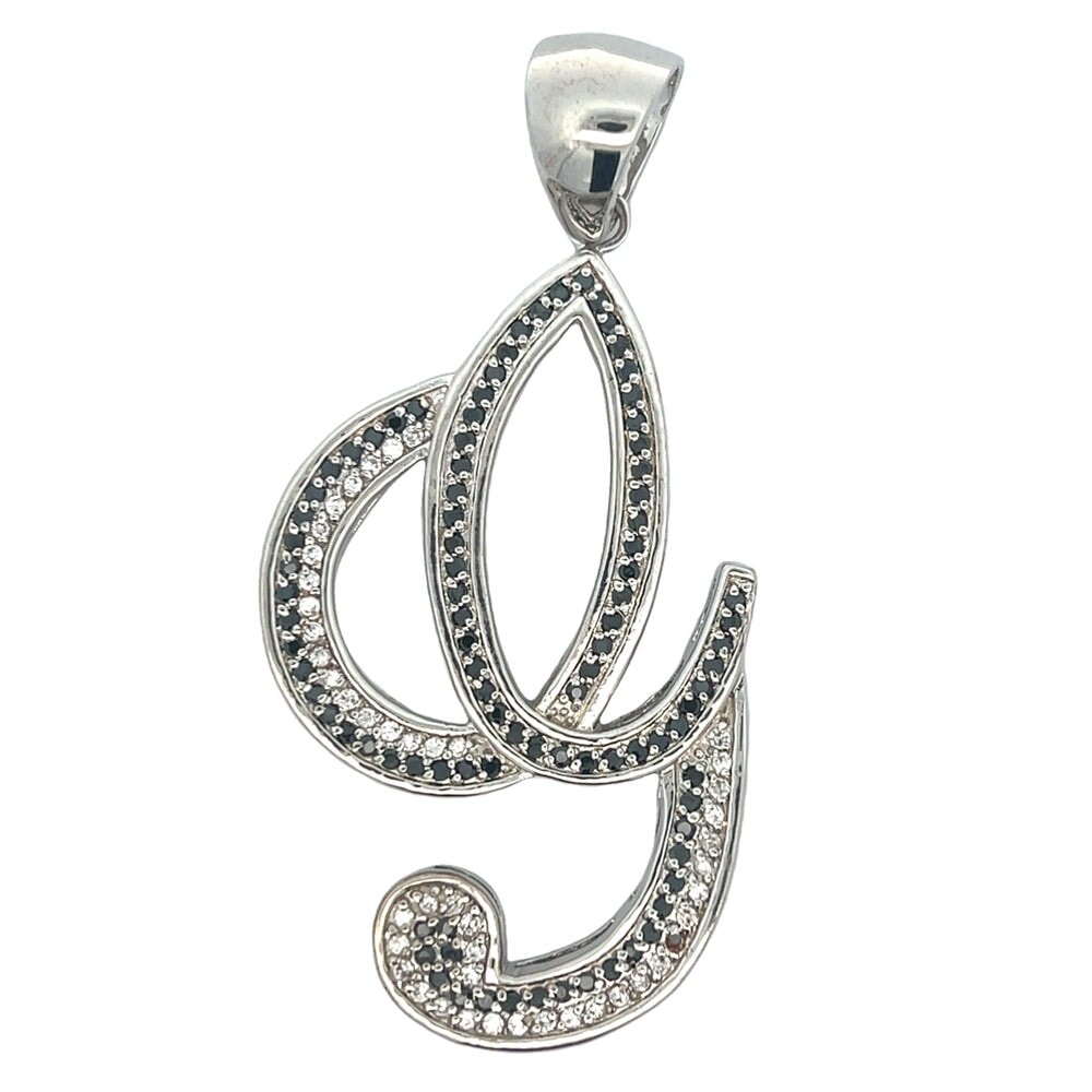 Flat Cursive Initial Letter Black & White CZ Iced Out Pendant