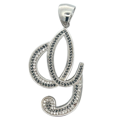 Flat Cursive Initial Letter Black & White CZ Iced Out Pendant