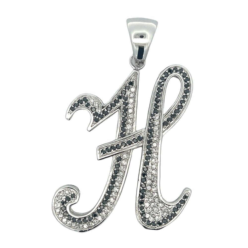 Flat Cursive Initial Letter Black & White CZ Iced Out Pendant