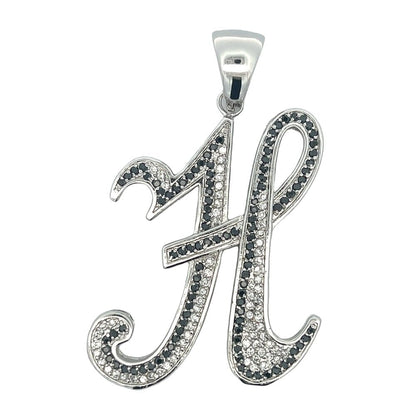 Flat Cursive Initial Letter Black & White CZ Iced Out Pendant
