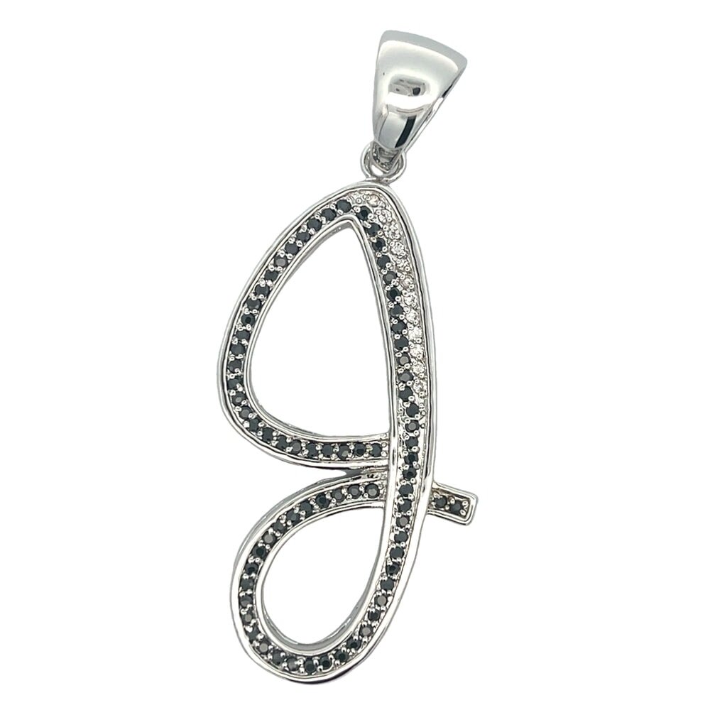 Flat Cursive Initial Letter Black & White CZ Iced Out Pendant