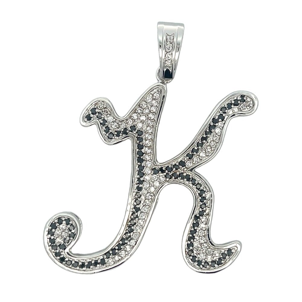 Flat Cursive Initial Letter Black & White CZ Iced Out Pendant