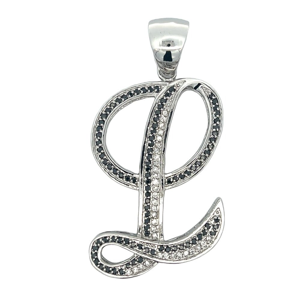 Flat Cursive Initial Letter Black & White CZ Iced Out Pendant