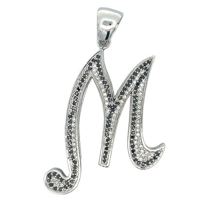 Flat Cursive Initial Letter Black & White CZ Iced Out Pendant