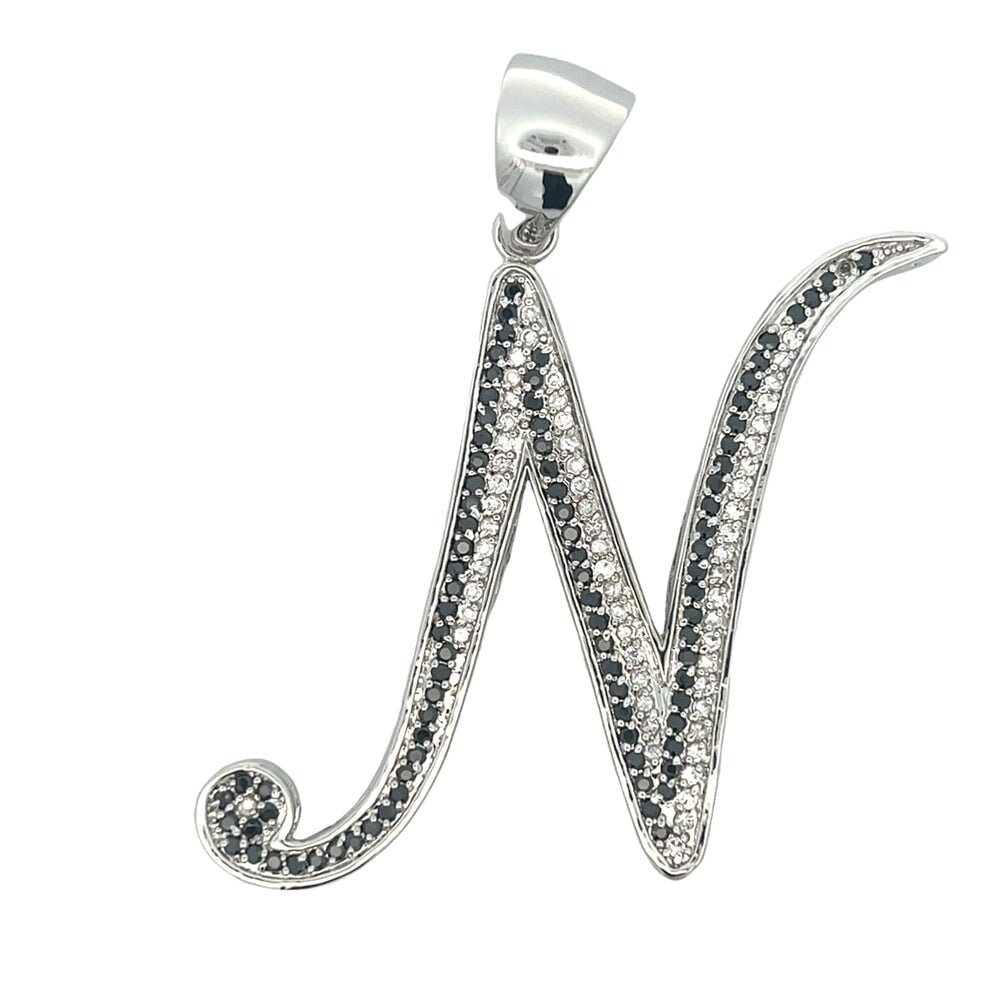 Flat Cursive Initial Letter Black & White CZ Iced Out Pendant