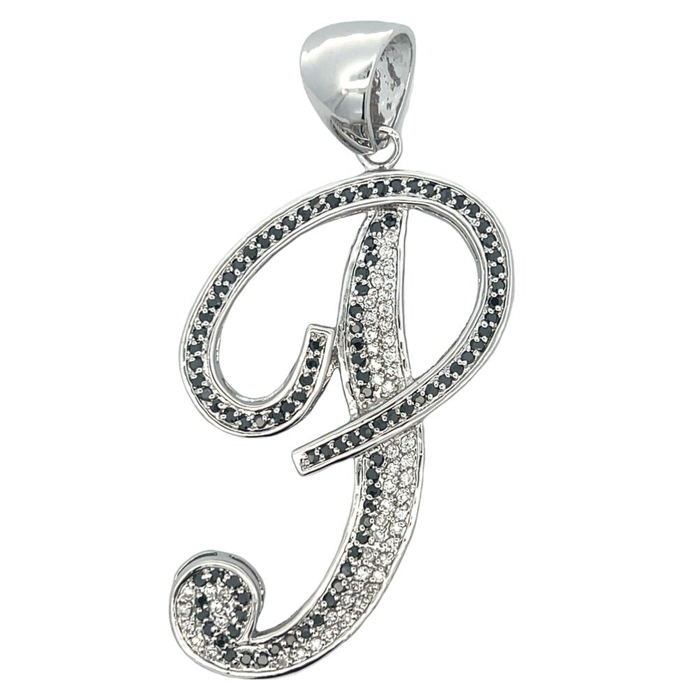 Flat Cursive Initial Letter Black & White CZ Iced Out Pendant