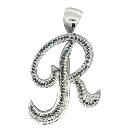 Flat Cursive Initial Letter Black & White CZ Iced Out Pendant