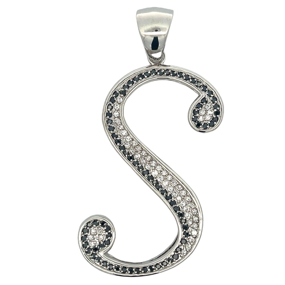 Flat Cursive Initial Letter Black & White CZ Iced Out Pendant
