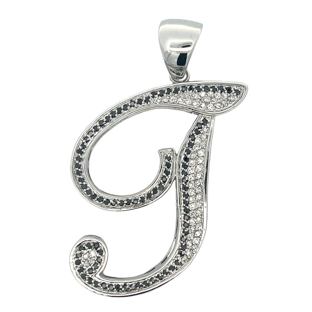 Flat Cursive Initial Letter Black & White CZ Iced Out Pendant