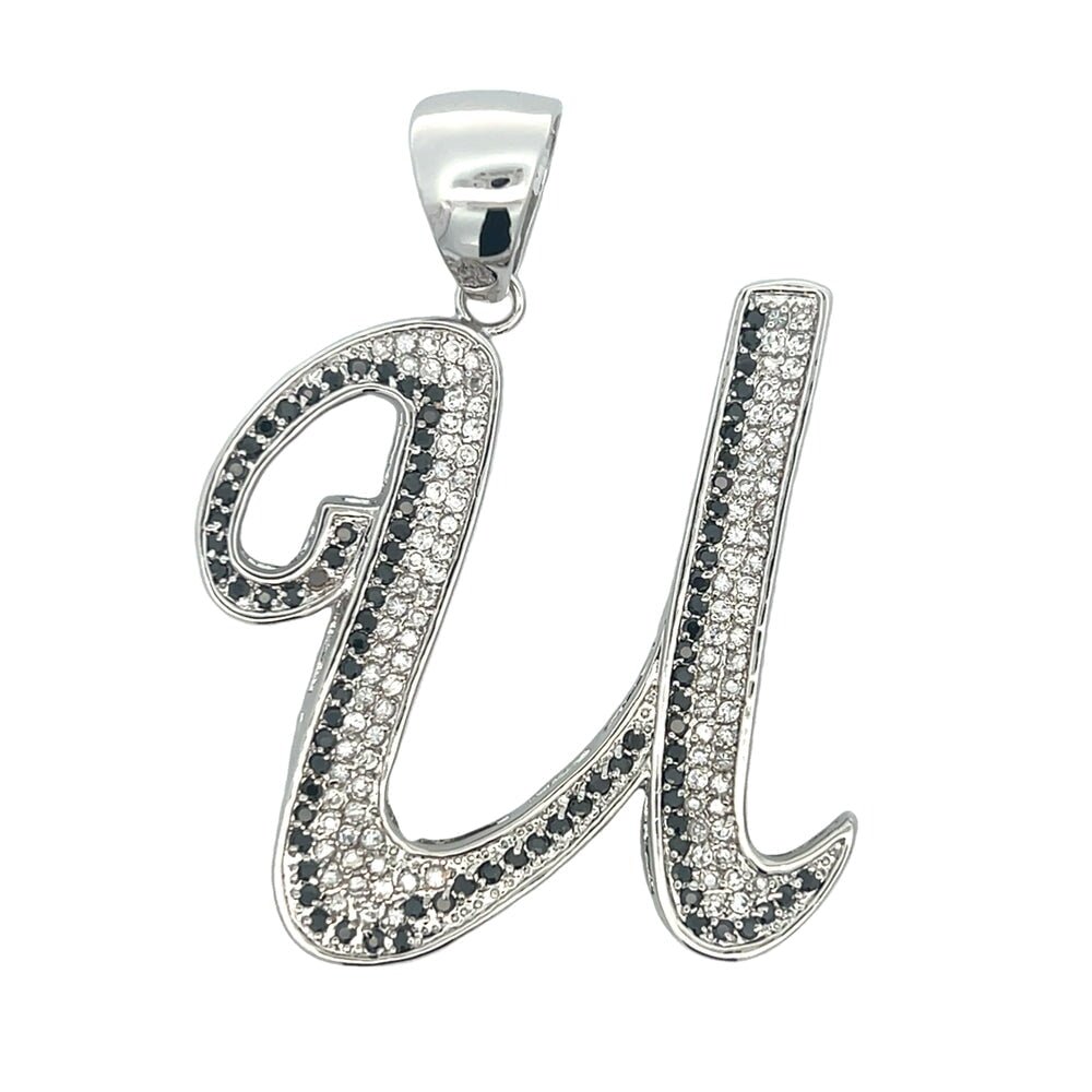 Flat Cursive Initial Letter Black & White CZ Iced Out Pendant