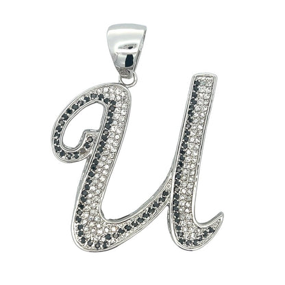 Flat Cursive Initial Letter Black & White CZ Iced Out Pendant