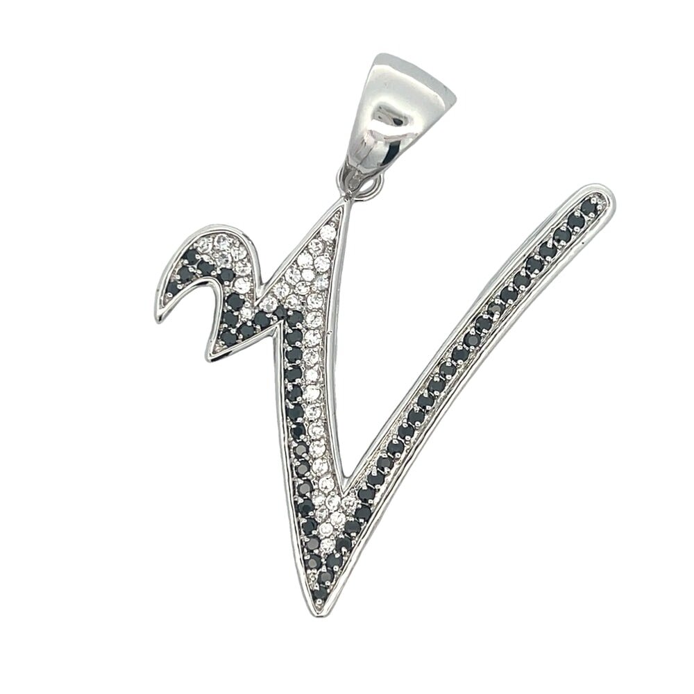 Flat Cursive Initial Letter Black & White CZ Iced Out Pendant