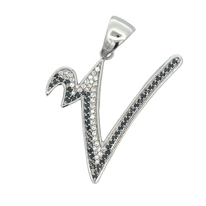 Flat Cursive Initial Letter Black & White CZ Iced Out Pendant