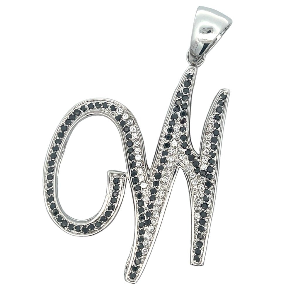 Flat Cursive Initial Letter Black & White CZ Iced Out Pendant