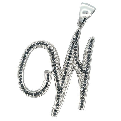 Flat Cursive Initial Letter Black & White CZ Iced Out Pendant