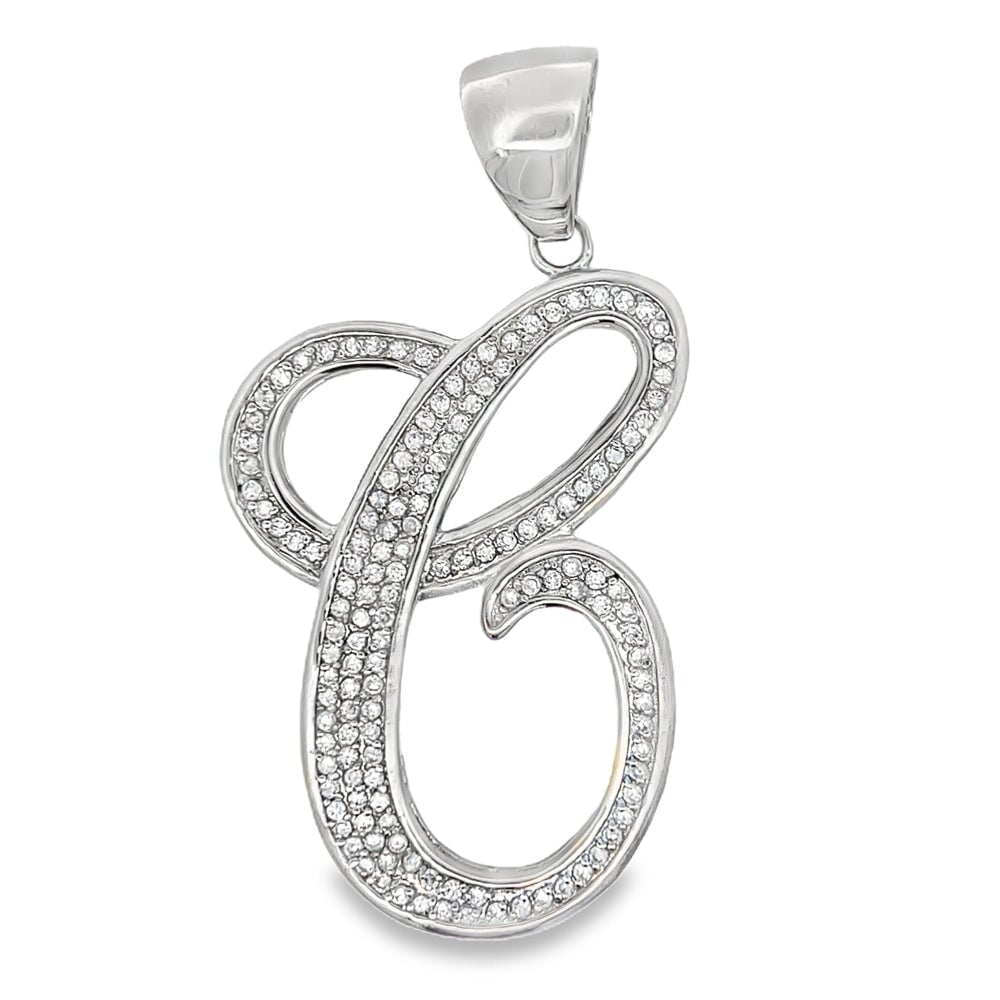 Flat Cursive Initial Letter White CZ Iced Out Pendant