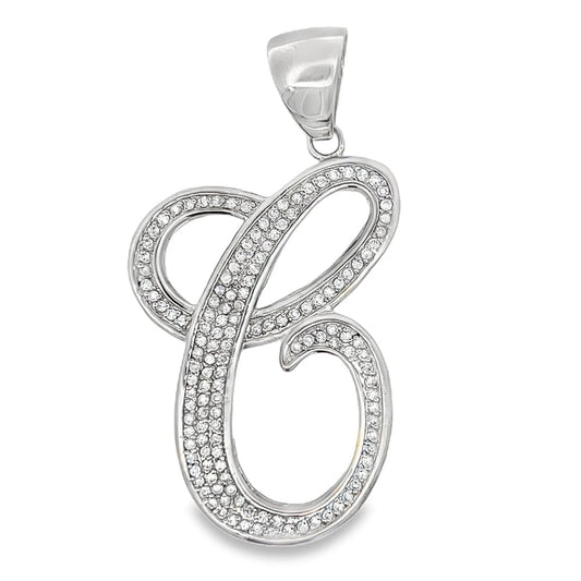 Flat Cursive Initial Letter White CZ Iced Out Pendant