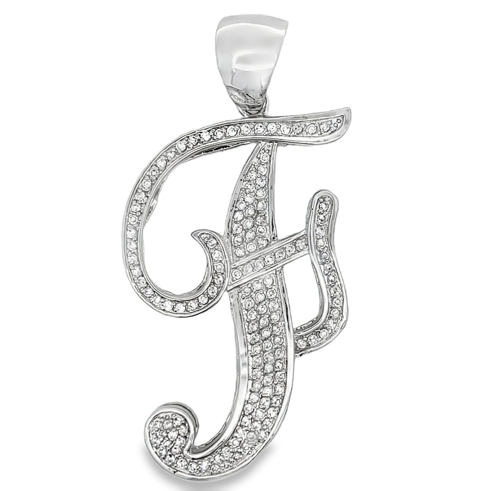 Flat Cursive Initial Letter White CZ Iced Out Pendant