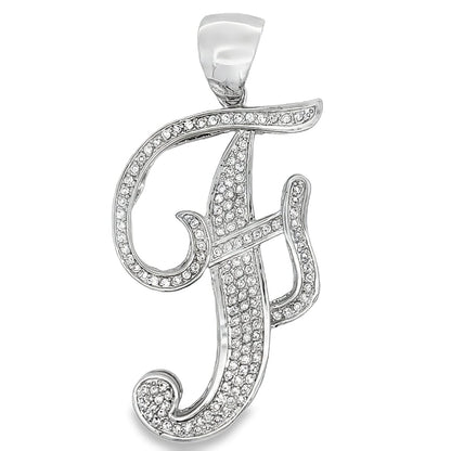 Flat Cursive Initial Letter White CZ Iced Out Pendant