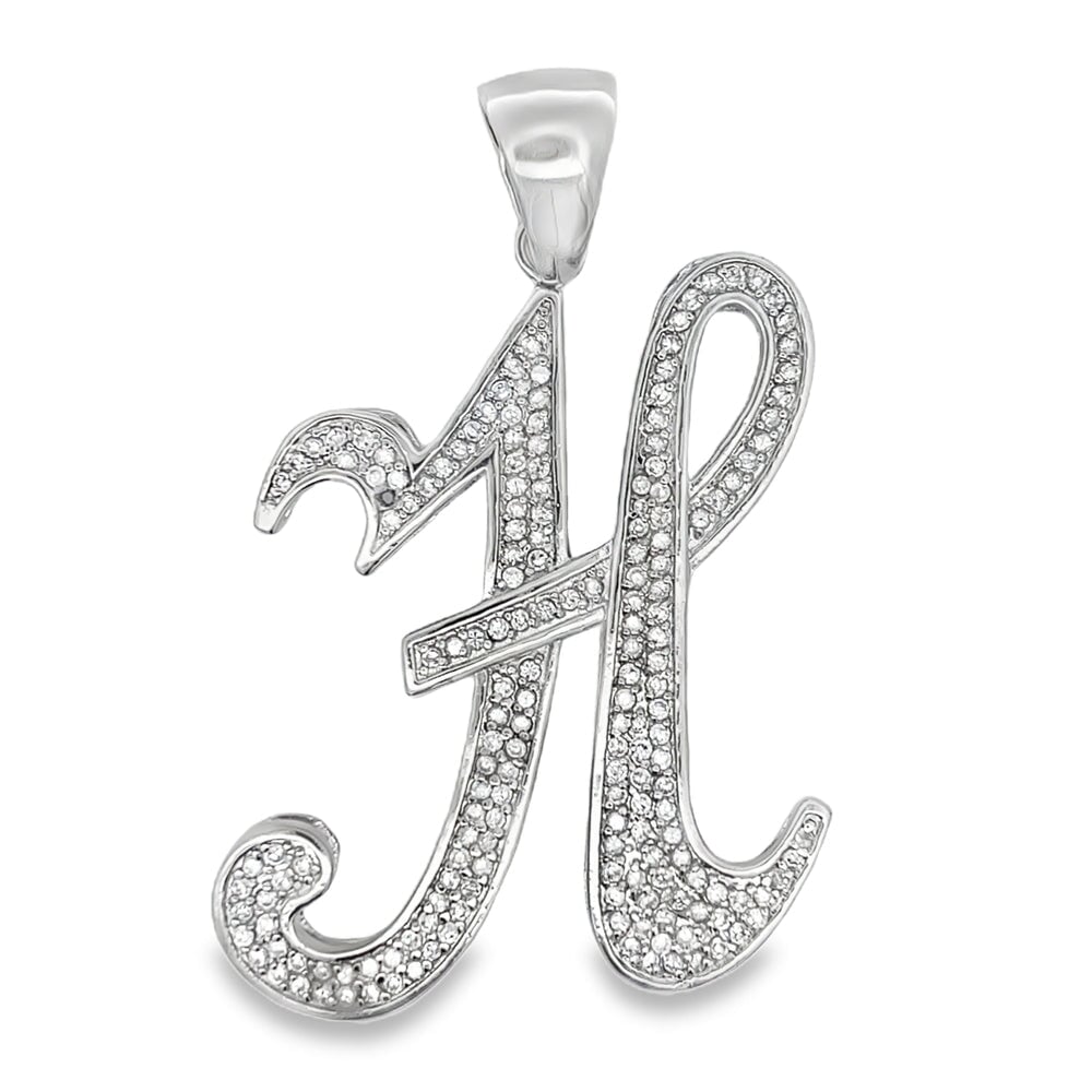 Flat Cursive Initial Letter White CZ Iced Out Pendant