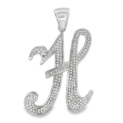 Flat Cursive Initial Letter White CZ Iced Out Pendant