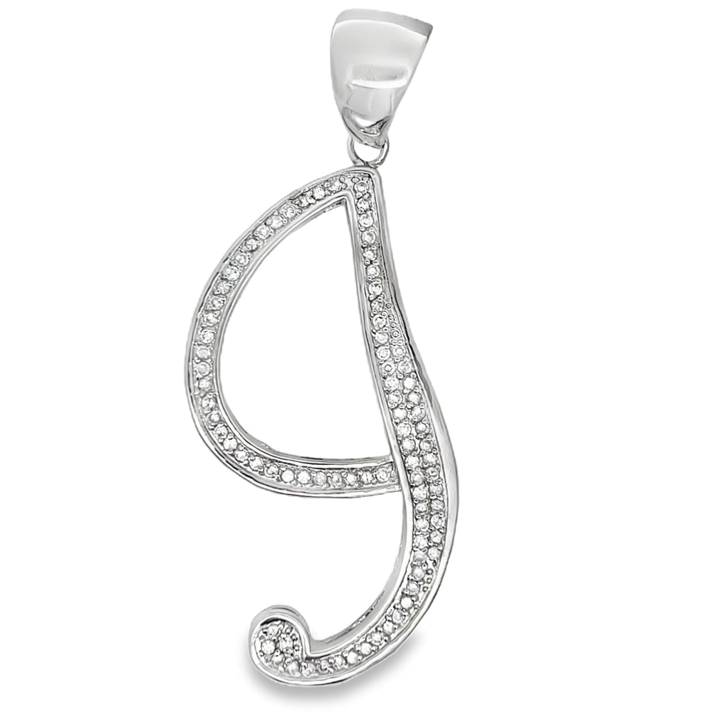 Flat Cursive Initial Letter White CZ Iced Out Pendant