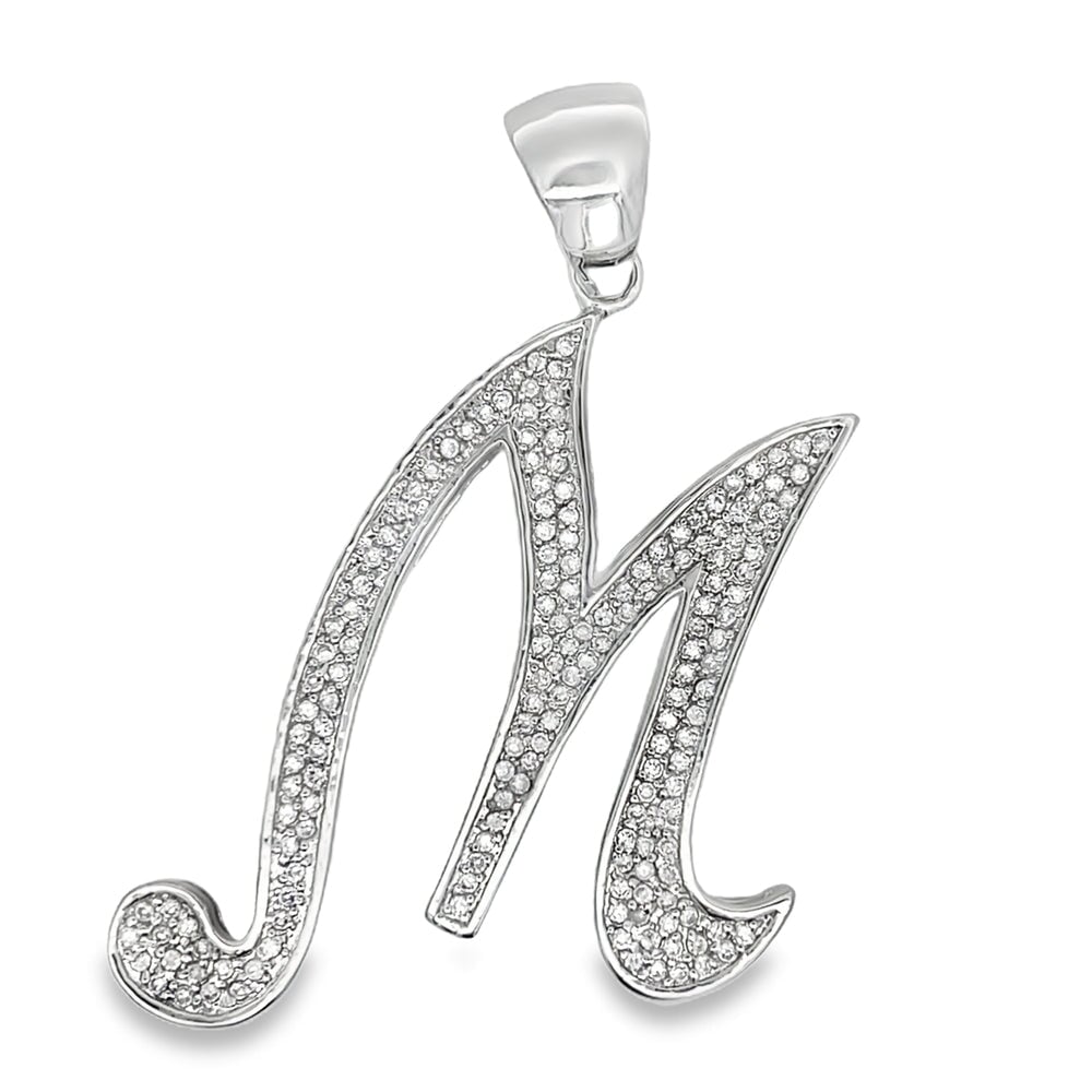 Flat Cursive Initial Letter White CZ Iced Out Pendant