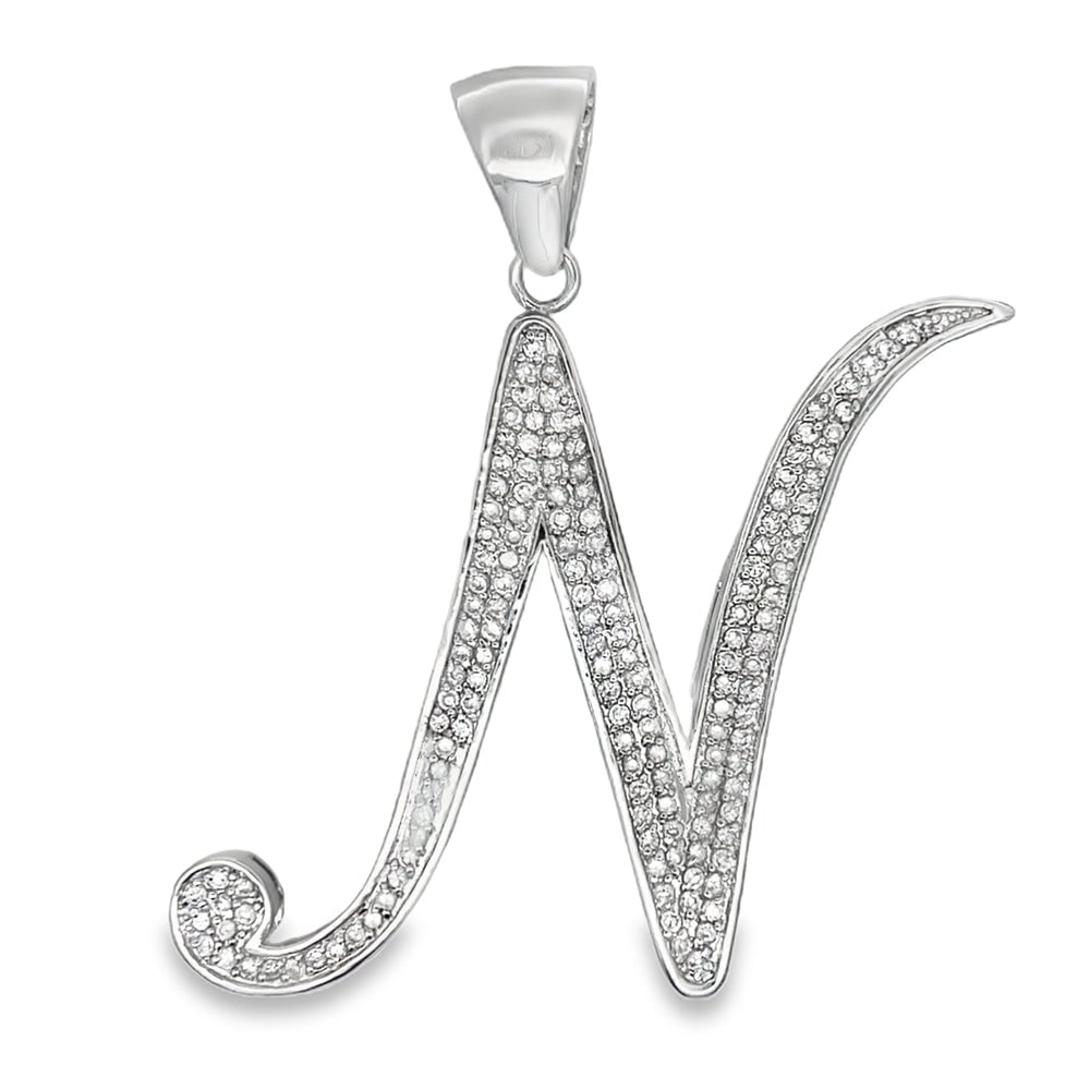 Flat Cursive Initial Letter White CZ Iced Out Pendant