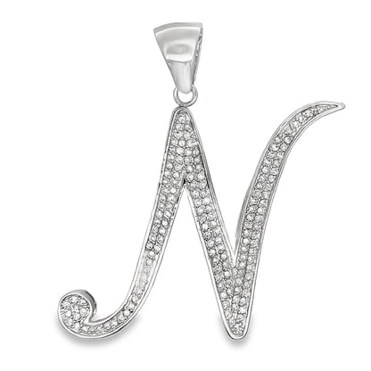 Flat Cursive Initial Letter White CZ Iced Out Pendant