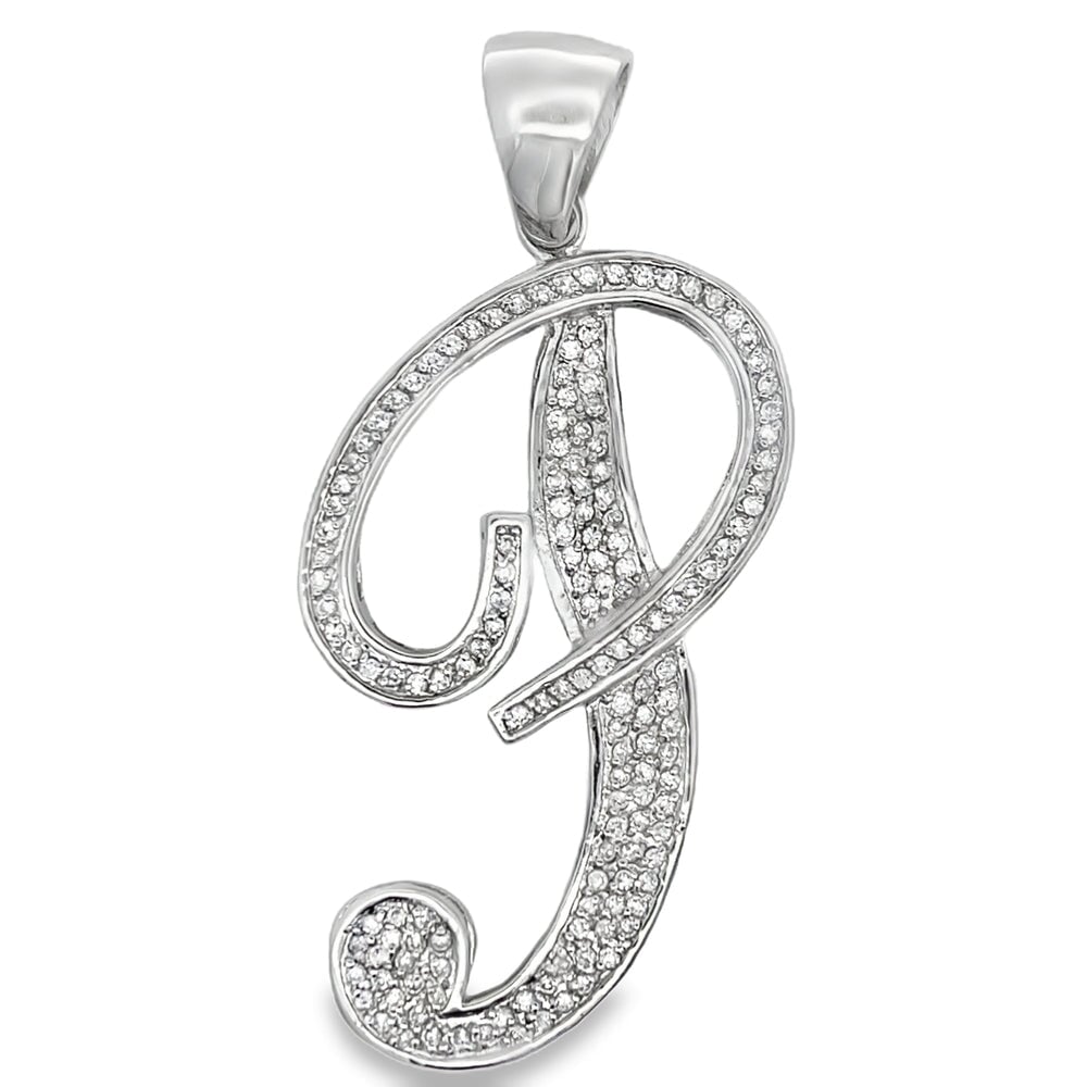 Flat Cursive Initial Letter White CZ Iced Out Pendant