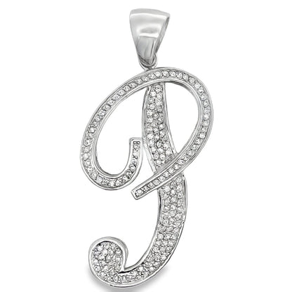 Flat Cursive Initial Letter White CZ Iced Out Pendant